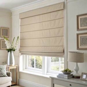 Neutral fabric Roman shade with elegant folds