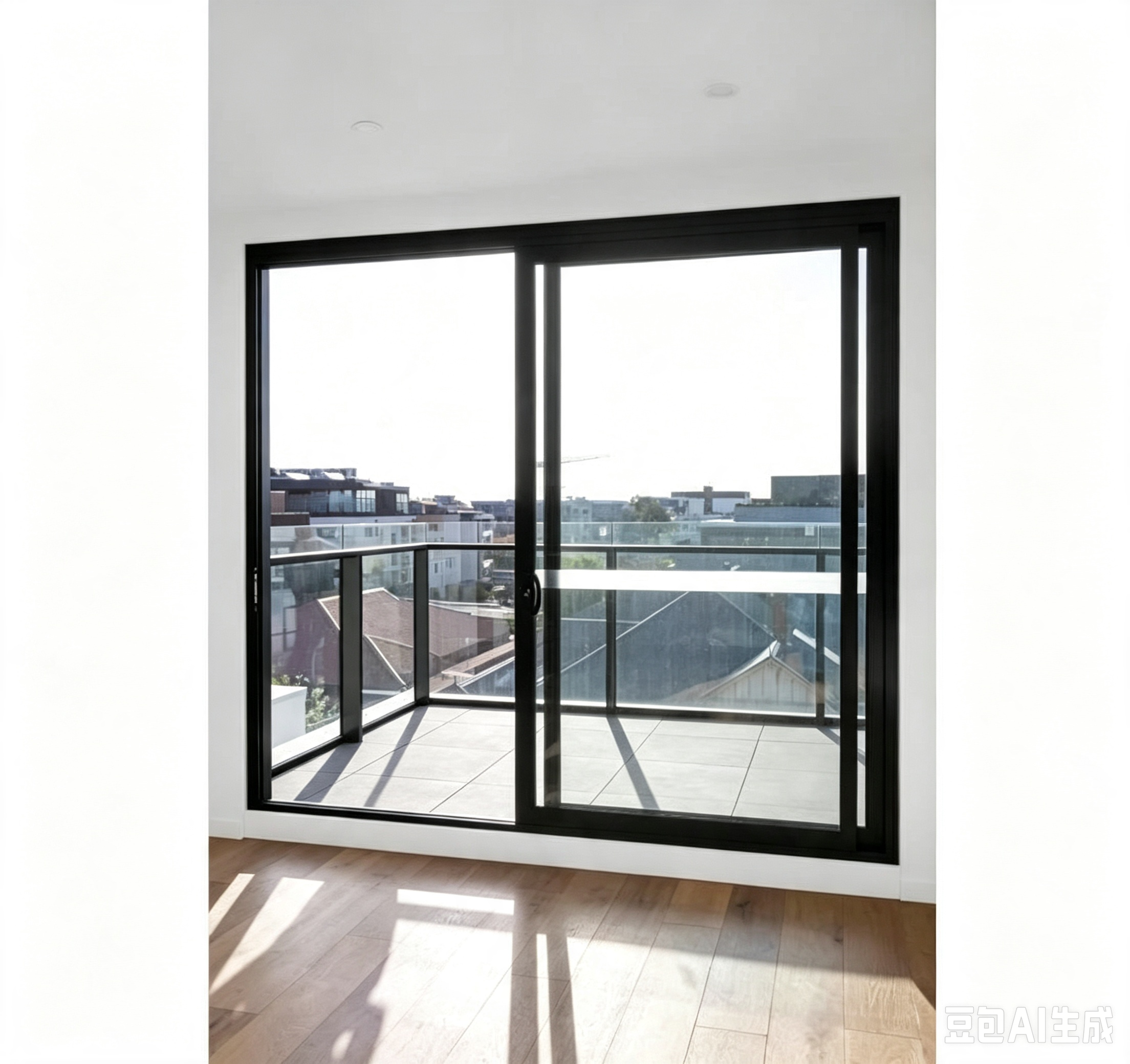 Black aluminum balcony two-sash sliding door with city view