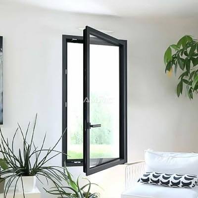 FY black aluminum outward-opening casement window in a bright modern room