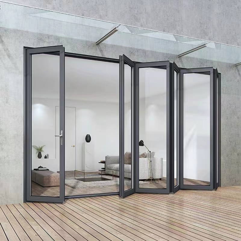 Aluminum bifold door system with multiple panels opening to a living room