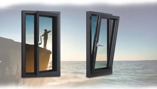 FY inward-opening tilt-and-turn window with two sashes in tilt position at the seaside